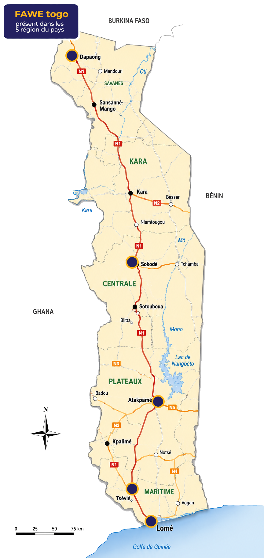 Carte du Togo indiquant la presence de FAWE Togo dans les regions du pays